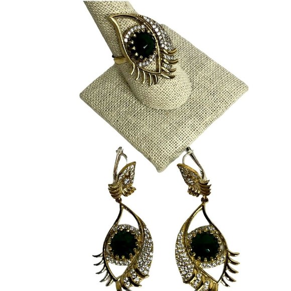 Turkish Handmade Hamsa 925 Silver Green CZ Stone Womens Earring And Ring Set New - Picture 1 of 7